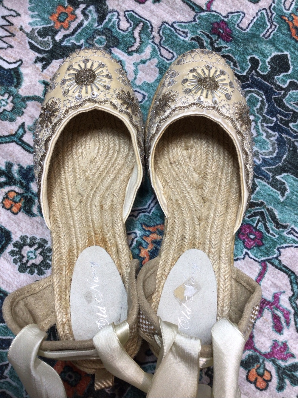 Old Navy Cream Embellished Espadrille Wedge Sandals with Ribbon Ankle Ties Sz.9 - Picture 7 of 12